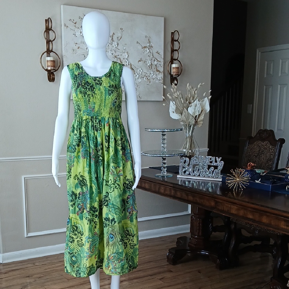 Women's Green Sleeveless Cotton Summer Dress By Hanna. Size S